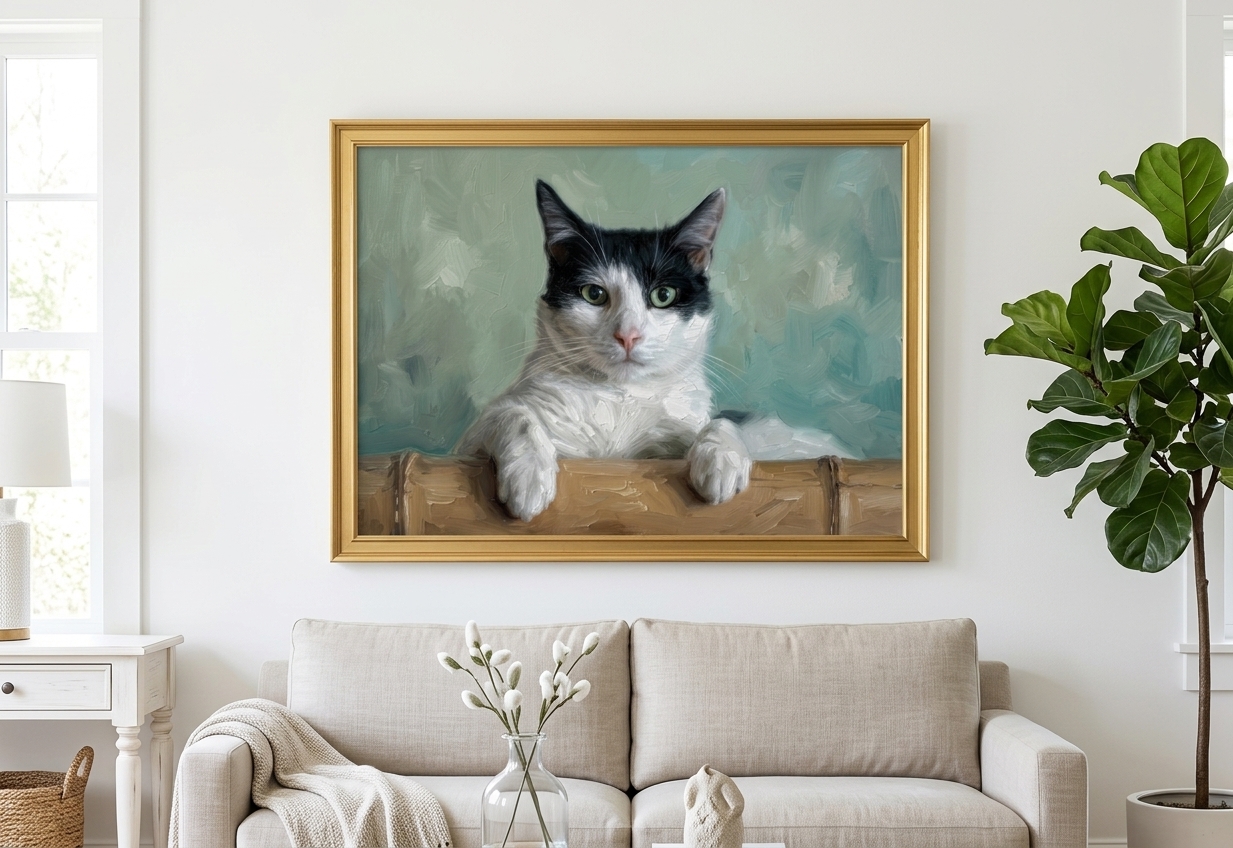 Custom pet portrait framed on a bright living-room wall