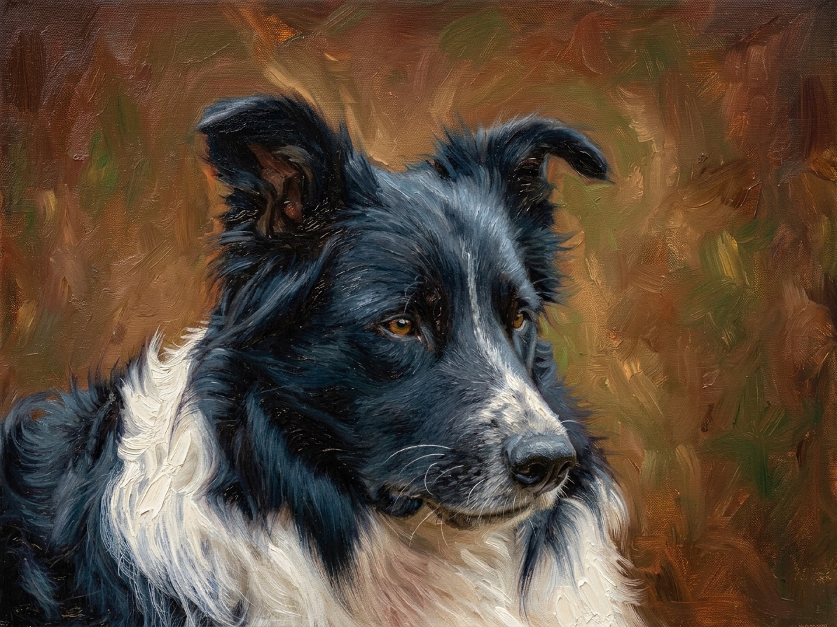 The same border collie as an oil-painted portrait on a warm backdrop