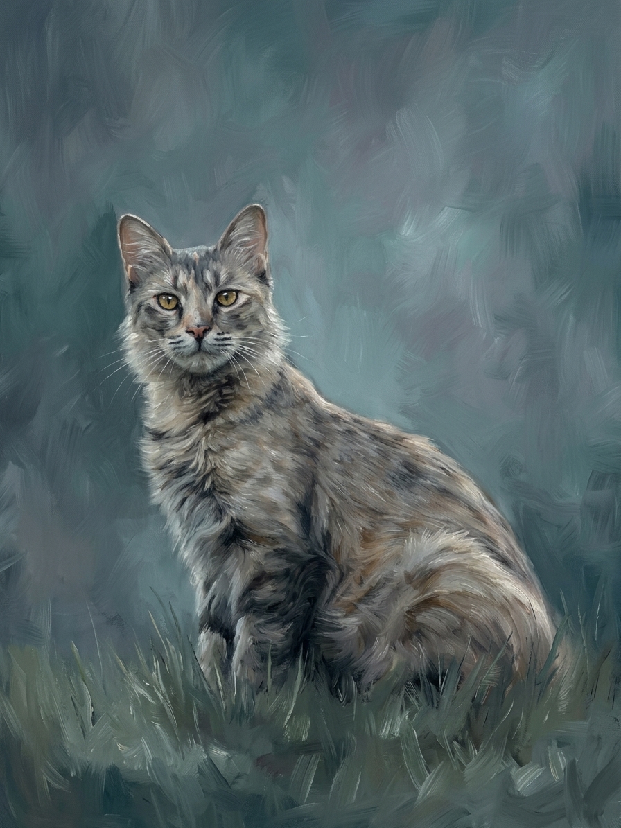 The same tabby cat as an oil-painted portrait on a cool slate backdrop