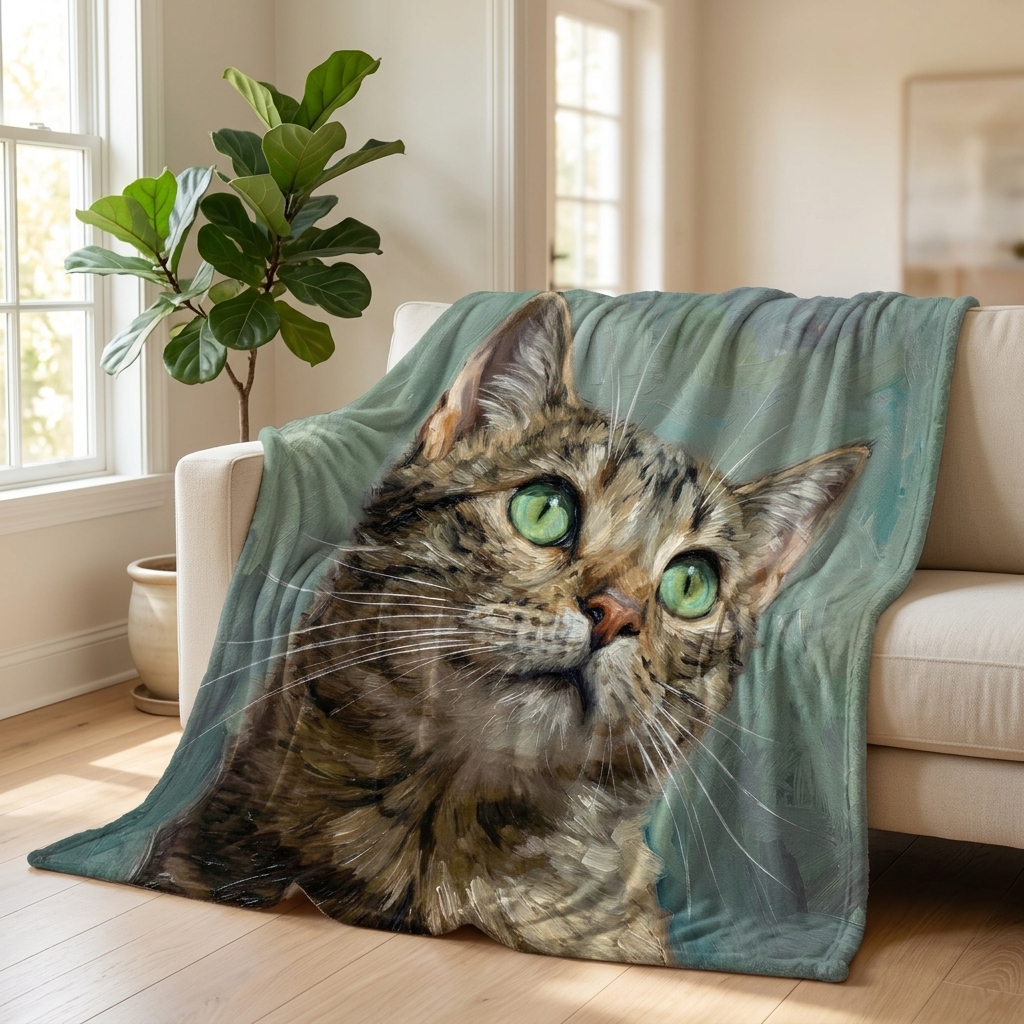 A custom cat portrait blanket draped over a couch in a bright living room