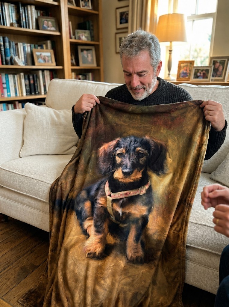 A man, moved by the gift, holding up a custom dachshund portrait blanket on a cream couch in a bright living room