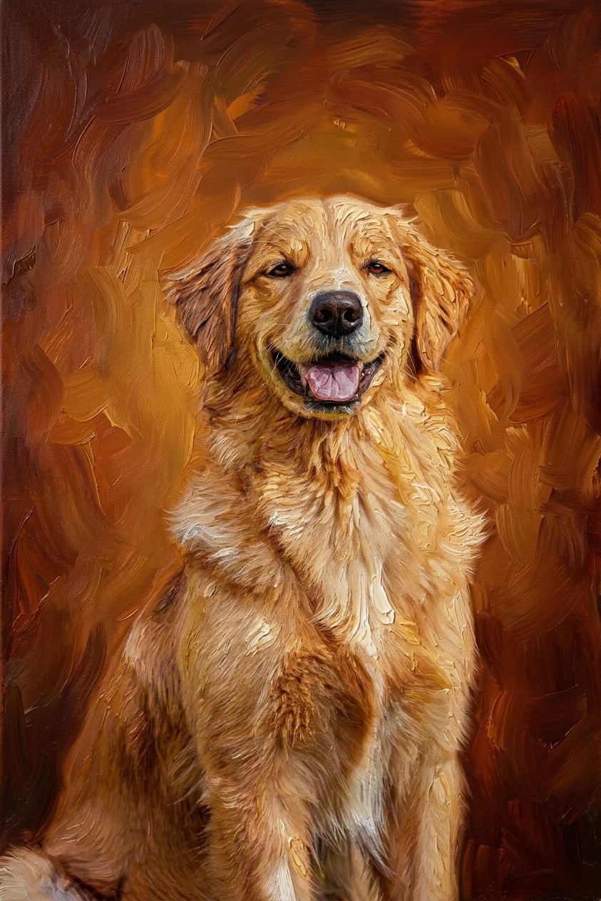The same golden retriever as an oil-painted portrait on a warm amber backdrop