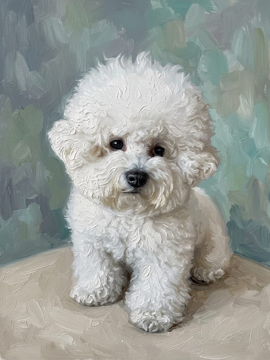 Pearl, a white Bichon — studio portrait