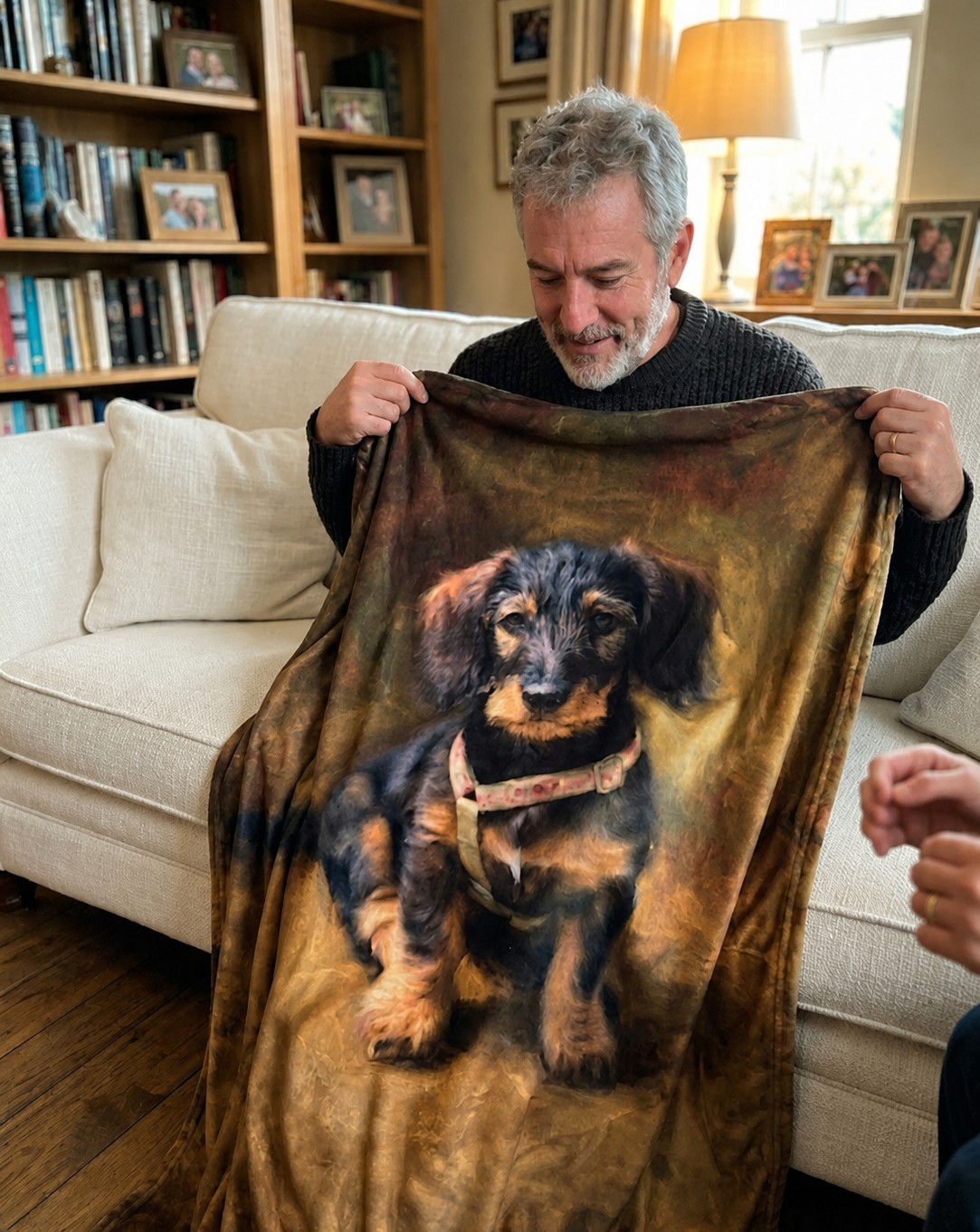 A finished Fondpaw portrait blanket held up in a warm living room